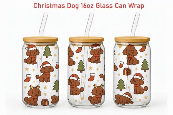 Xmas Brown Poodle 16oz Glass Can Wrap